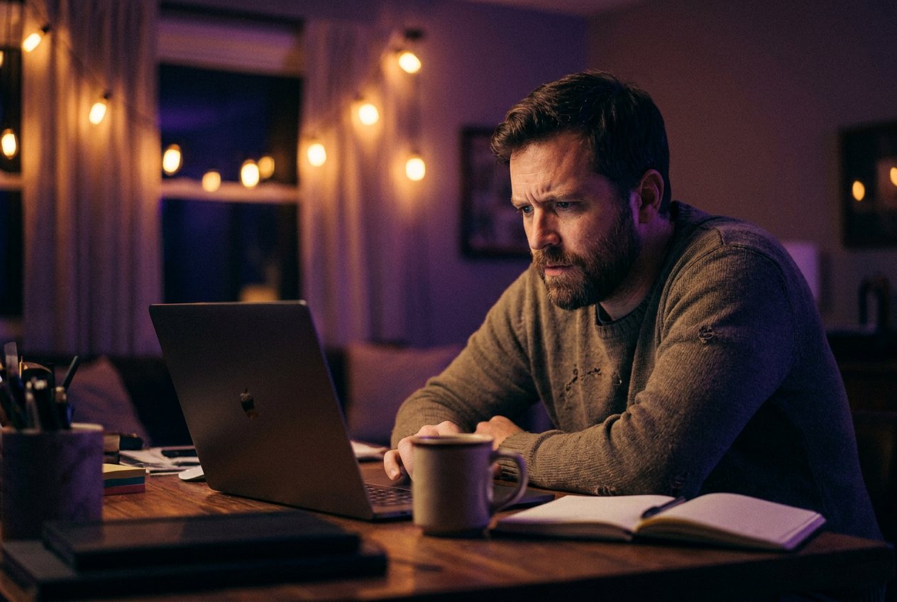Online store owner looking intently at his laptop at a desk late at night
