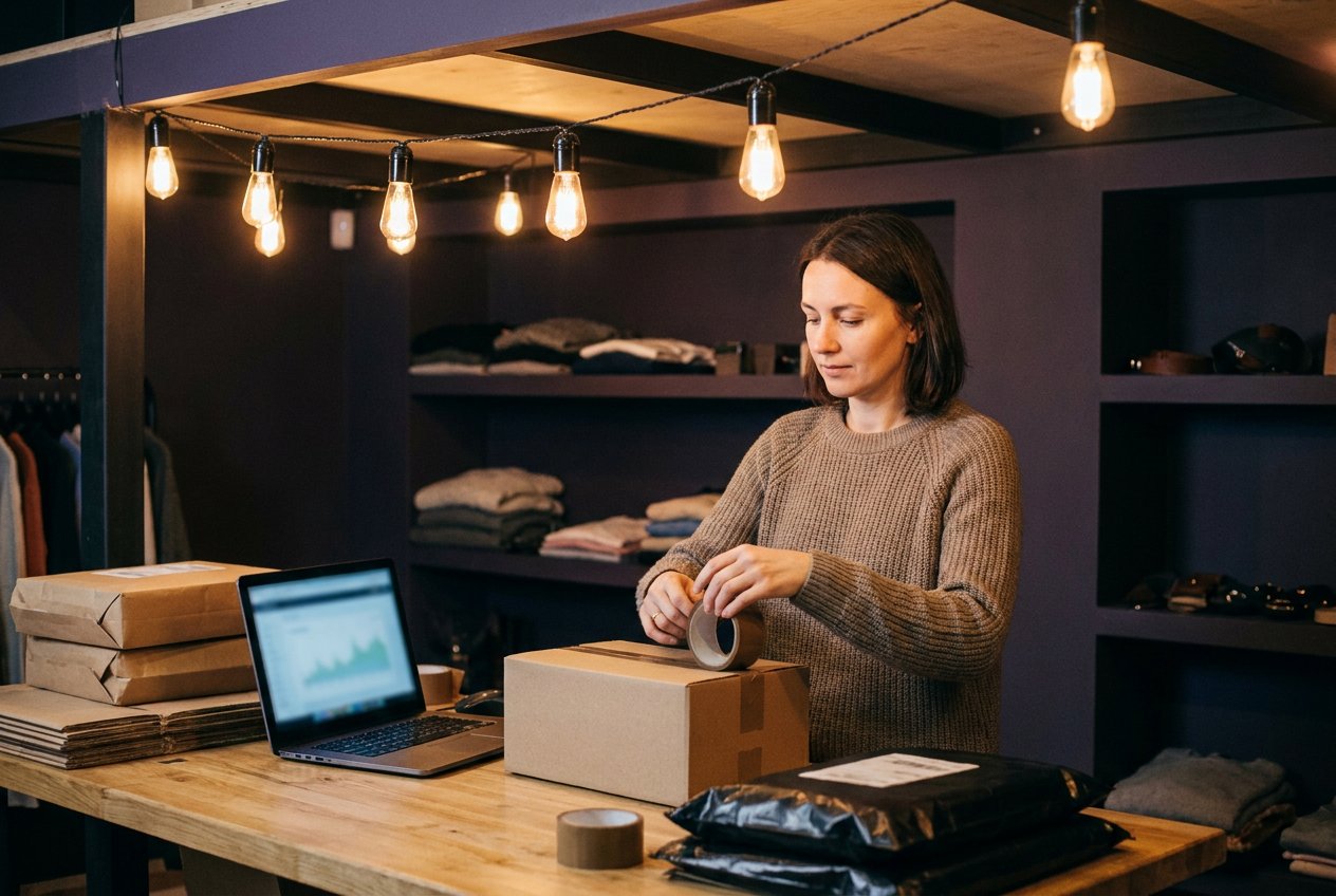 Власниця невеликого інтернет-магазину ввечері пакує замовлення поруч із ноутбуком