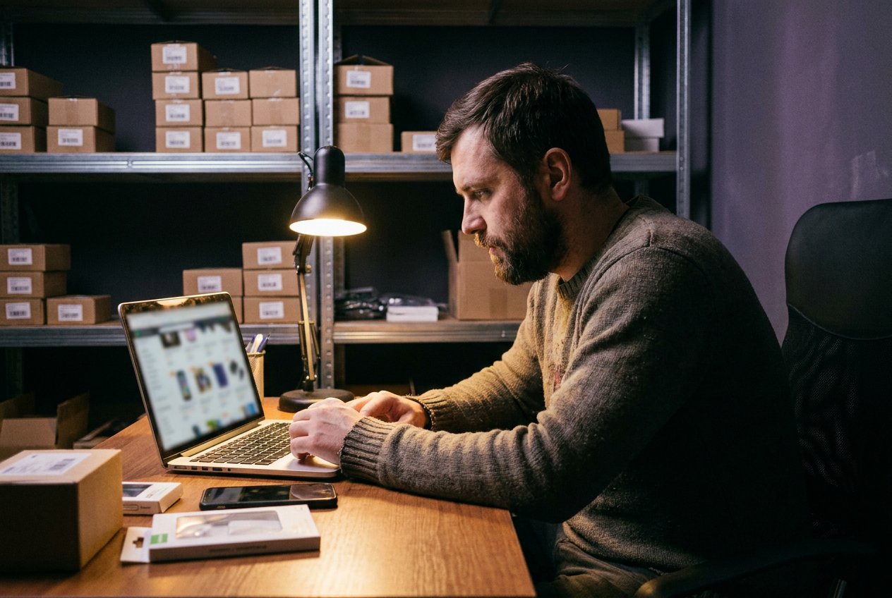 Owner of a small accessories online store looking at a laptop in the evening in front of shelves with products